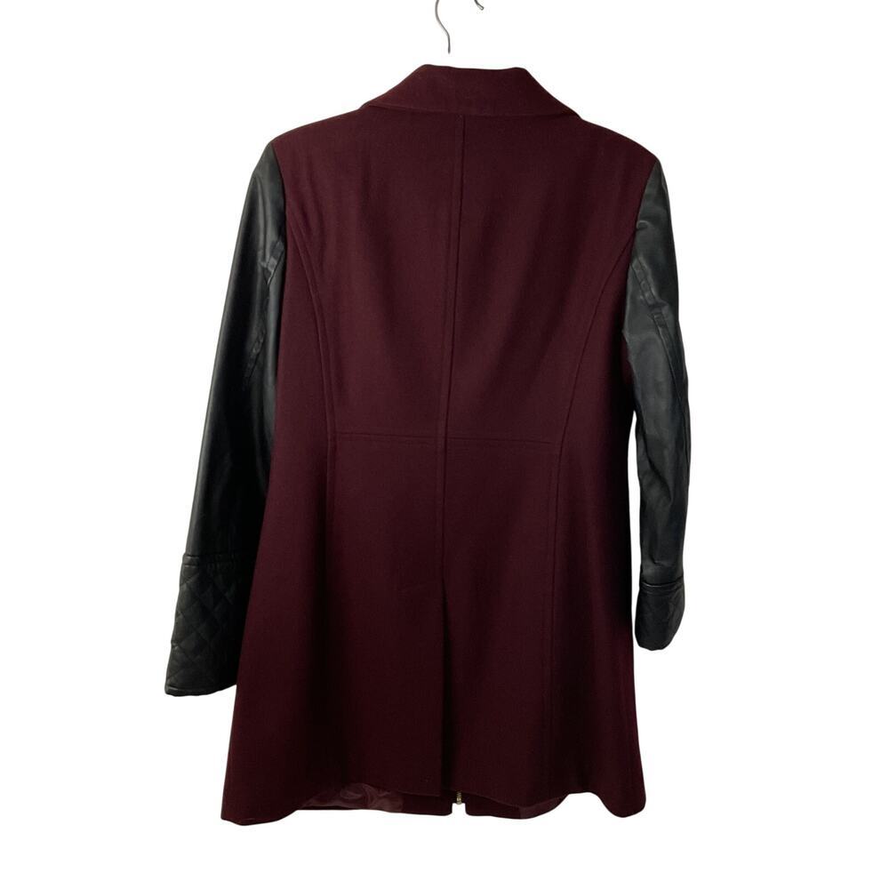 Michael Kors Moto Wool Coat Burgundy Maroon Black Leather Sleeves Size 12 - Picture 2 of 8